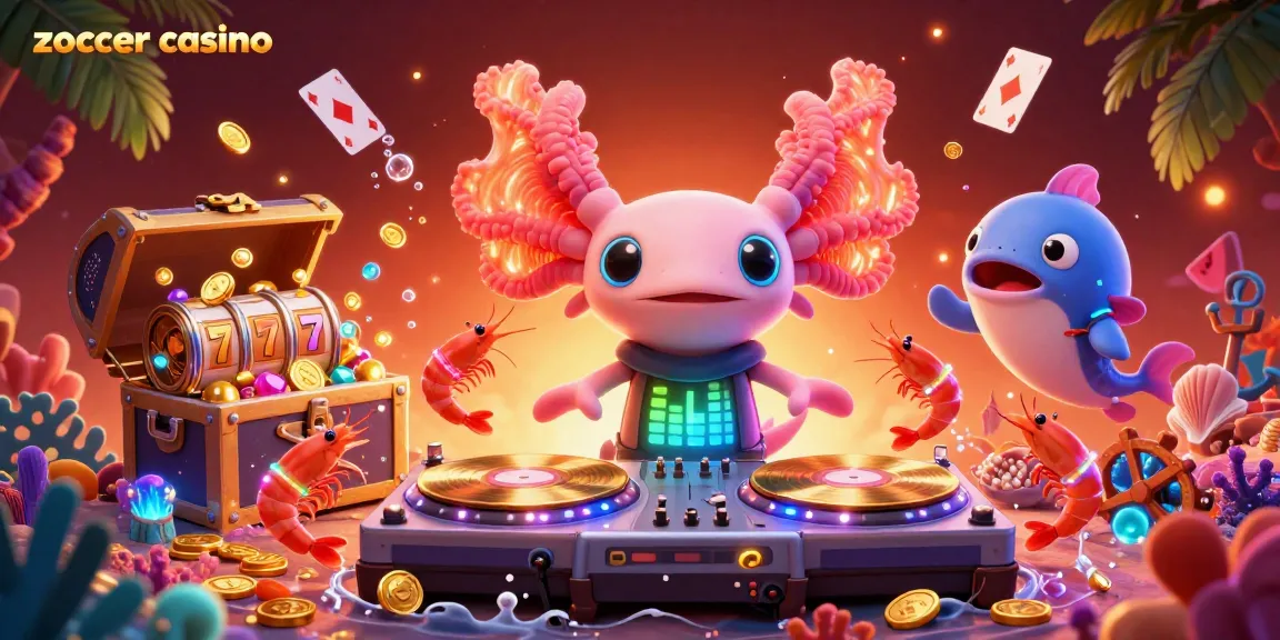 Zoccer casino showcases neon axolotl DJ with lively shrimp and blowfish in vibrant underwater scene.