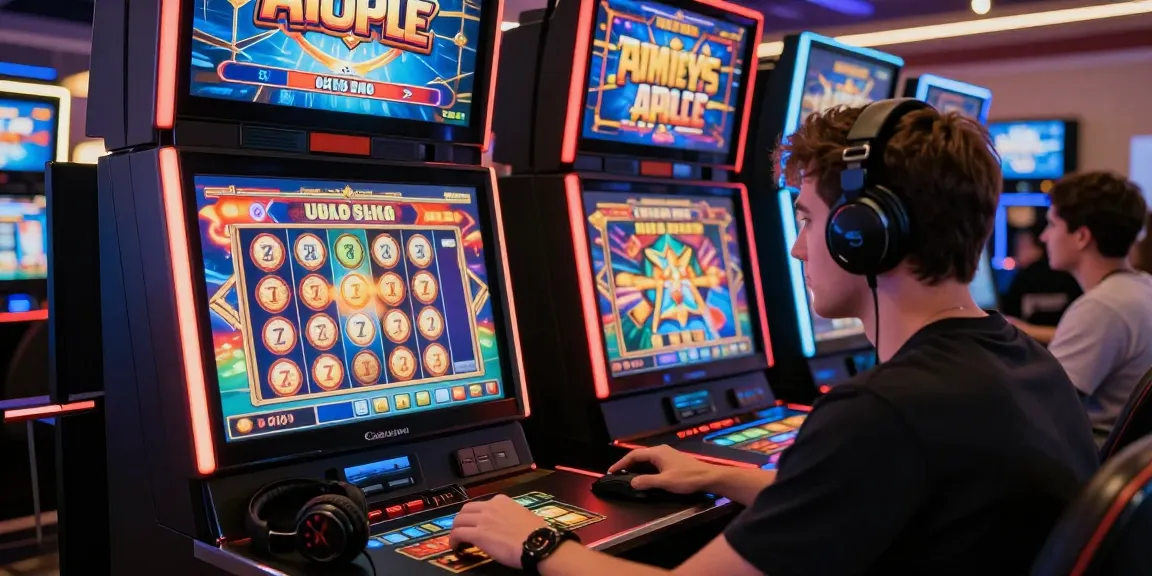 Pengalaman slot gacor online yang menarik dengan pemain fokus pada mesin slot digital dan grafis warna-warni.