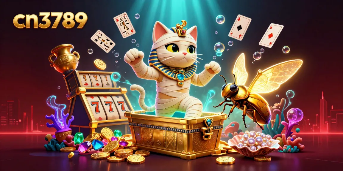 Catch the excitement with cn3789's cartoon mummy cat and golden scarab in a vibrant casino scene.