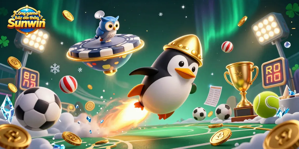 Cổng game bài đổi thưởng Sunwin features a golden penguin soaring towards a poker chip casino, surrounded by vibrant sports elements.