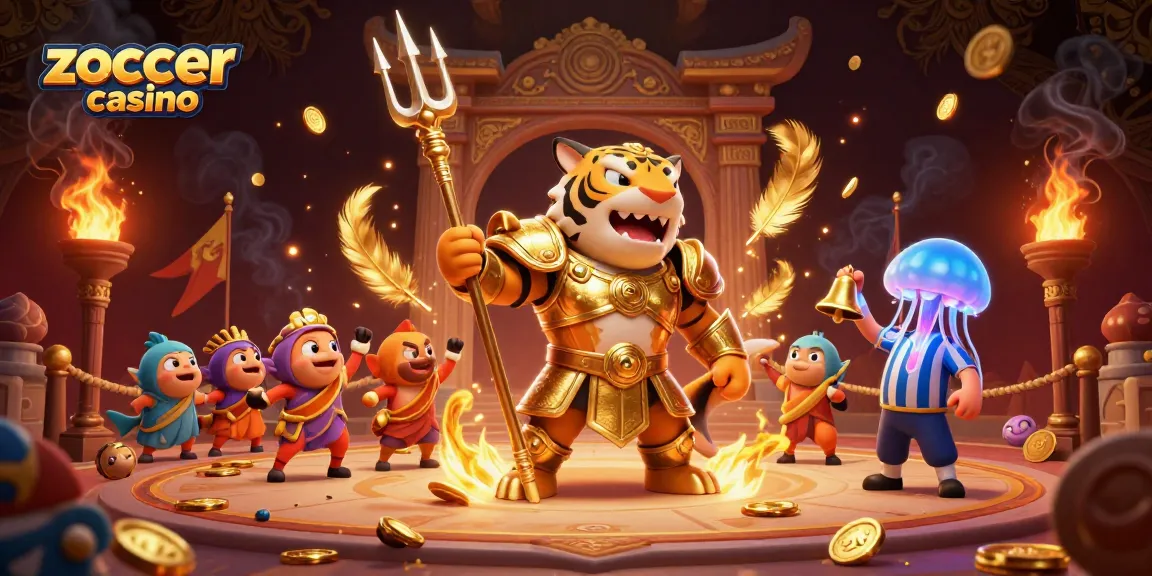 Zoccer casino features an energetic underwater colosseum with a fierce shark gladiator and lively fish crowd.