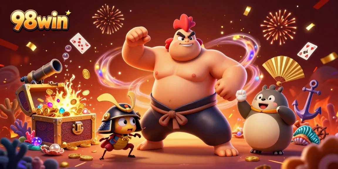 Experience 98win excitement with a vibrant 3D casino scene featuring engaging characters and treasures.