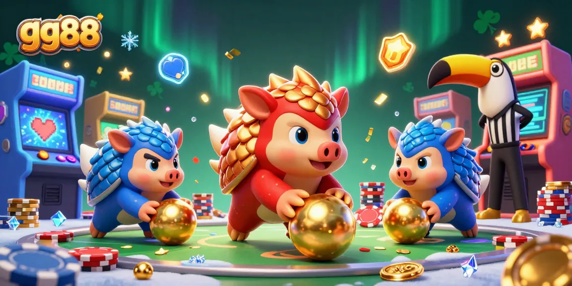 Bowling pangolins play at gg88 casino with vibrant arcade and gaming icons.