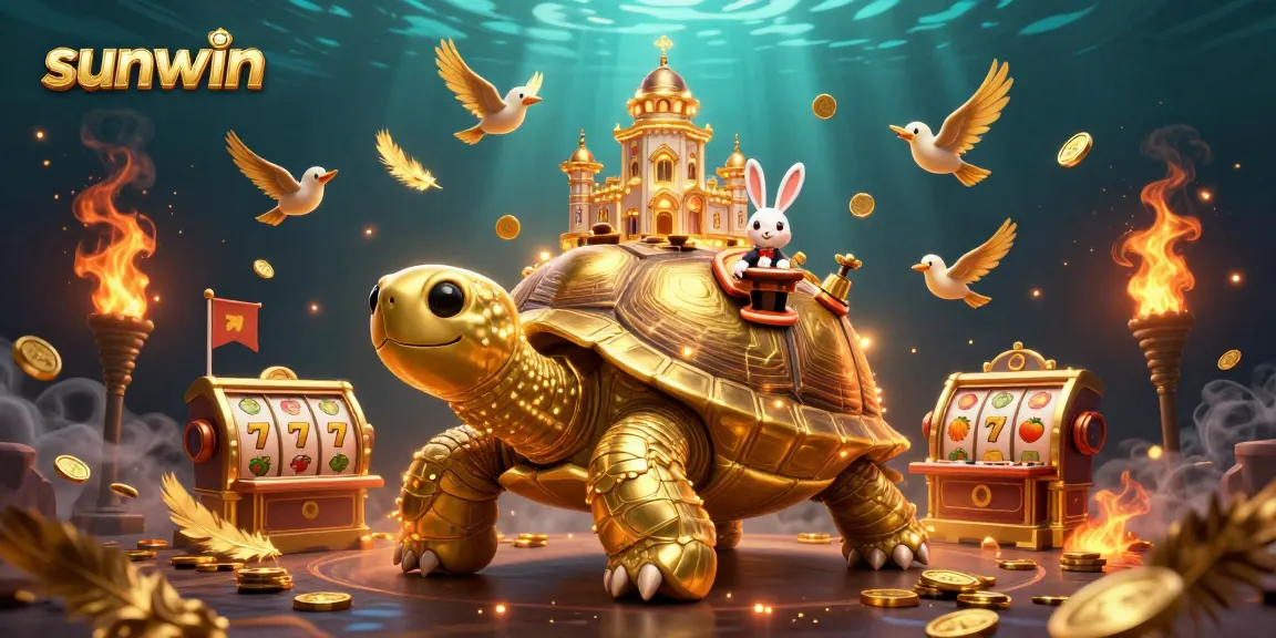 Experience sunwin's thrilling digital casino adventure with golden tortoise and rabbit dealer amidst slot reels.