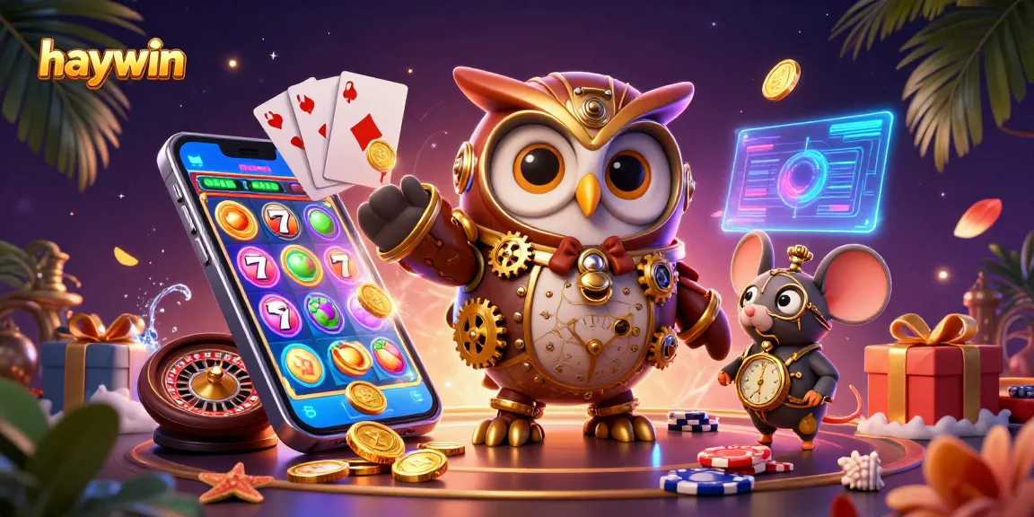 Haywin showcases a time-traveler owl in a casino with slot games, captivating gamers to new adventures.