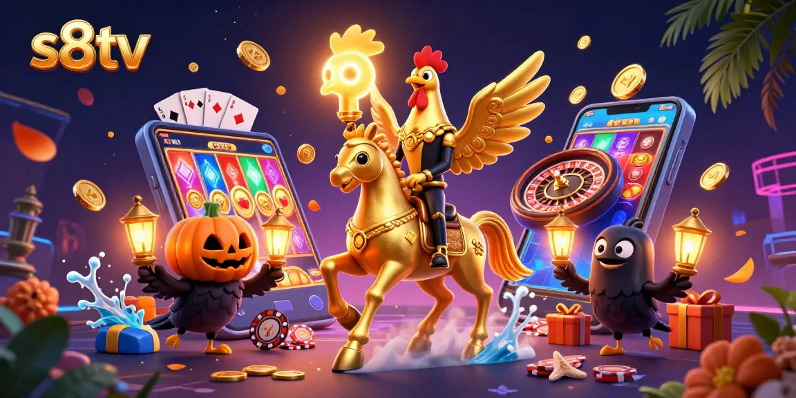 S8TV elevates the gaming experience with golden rooster characters illuminating a midnight casino scene.
