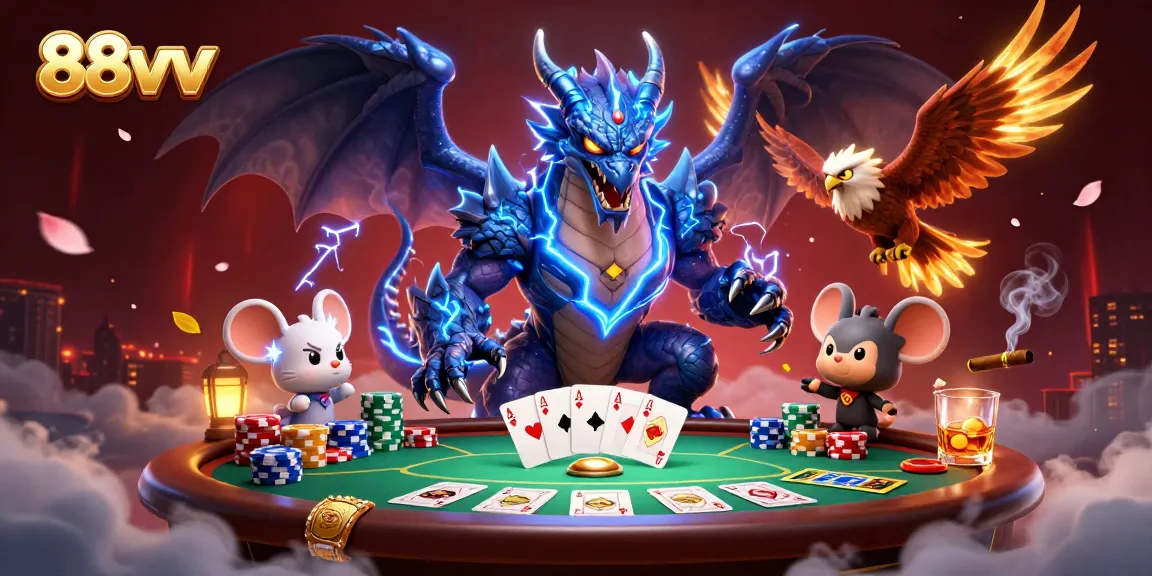 Experience the thrill of poker with 88vv's electric gaming scene featuring dynamic characters.