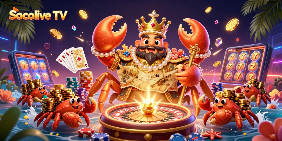 Socolive TV offers thrilling features with a golden crab emperor overseeing a vibrant casino scene.