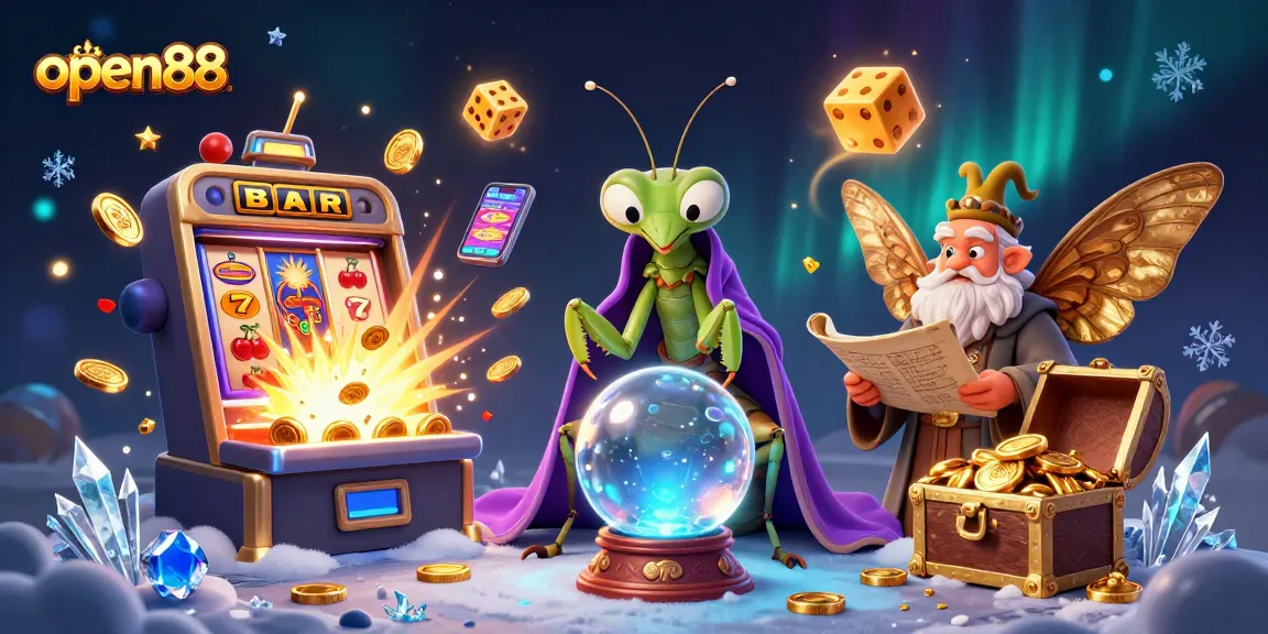 Experience excitement at open88 with a vibrant casino illustration showcasing slots and dynamic gaming elements.