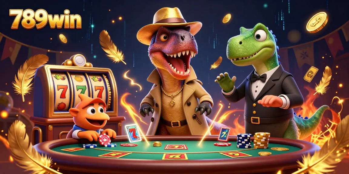 Experience the thrill of 789win with animated creatures engaged in blackjack amidst vibrant casino elements.