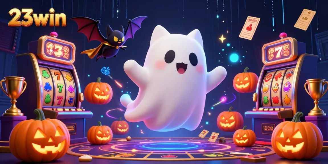 Engage with the 23win haunted casino scene featuring a ghost cat, vampire bat, and glowing jack-o-lanterns.