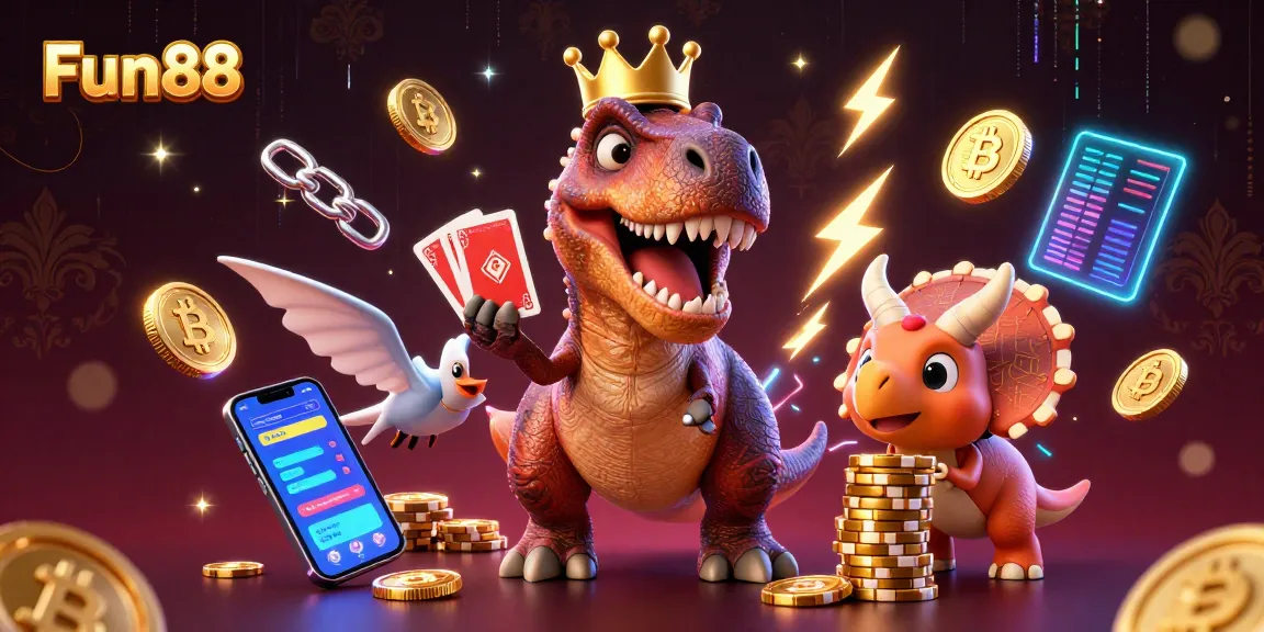 Fun88 showcases a quirky 3D T-Rex shuffling cards, highlighting exciting crypto casino elements.